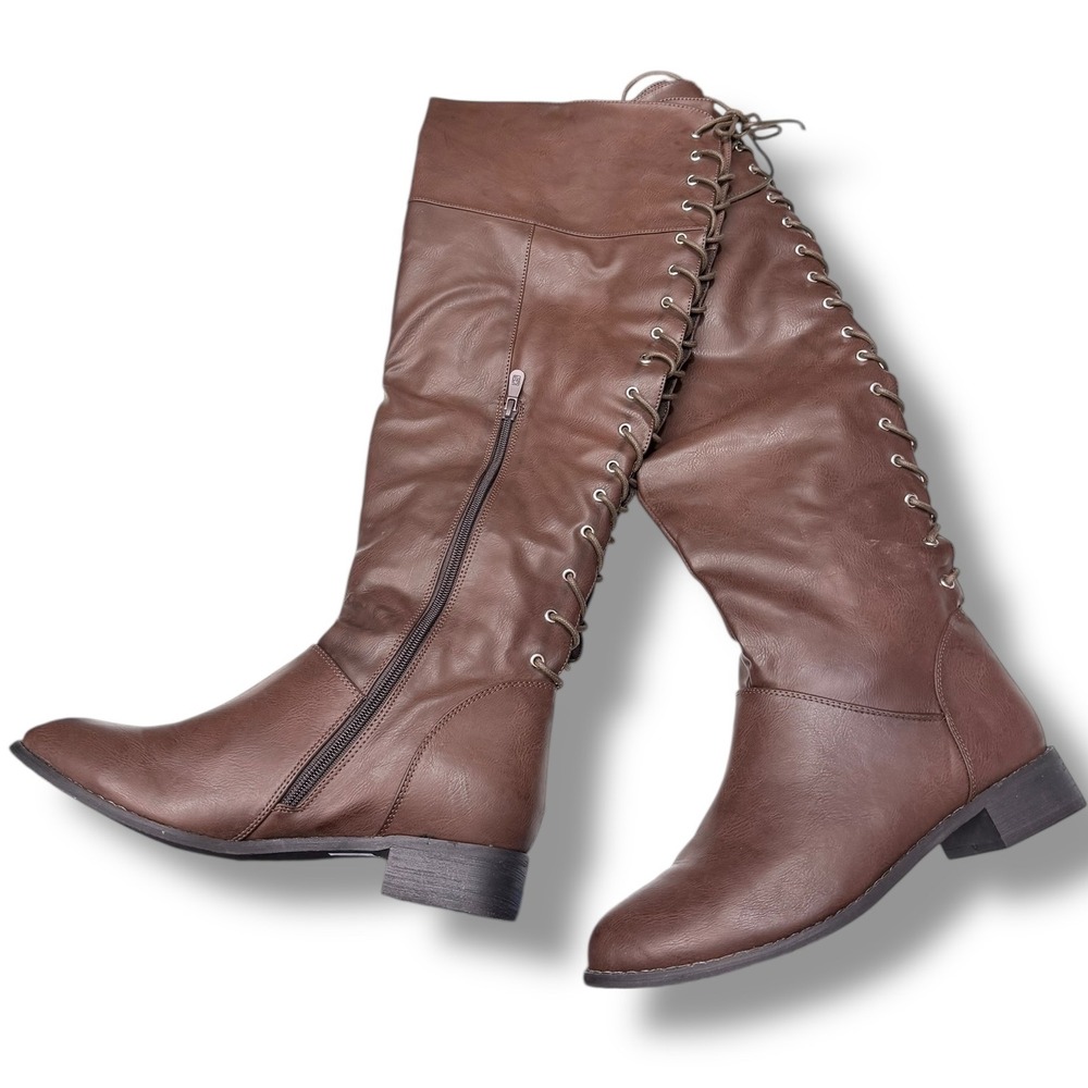 Monroe & Main Brittany Lace Up Knee High Boots Brown Faux Leather Women 10M NEW